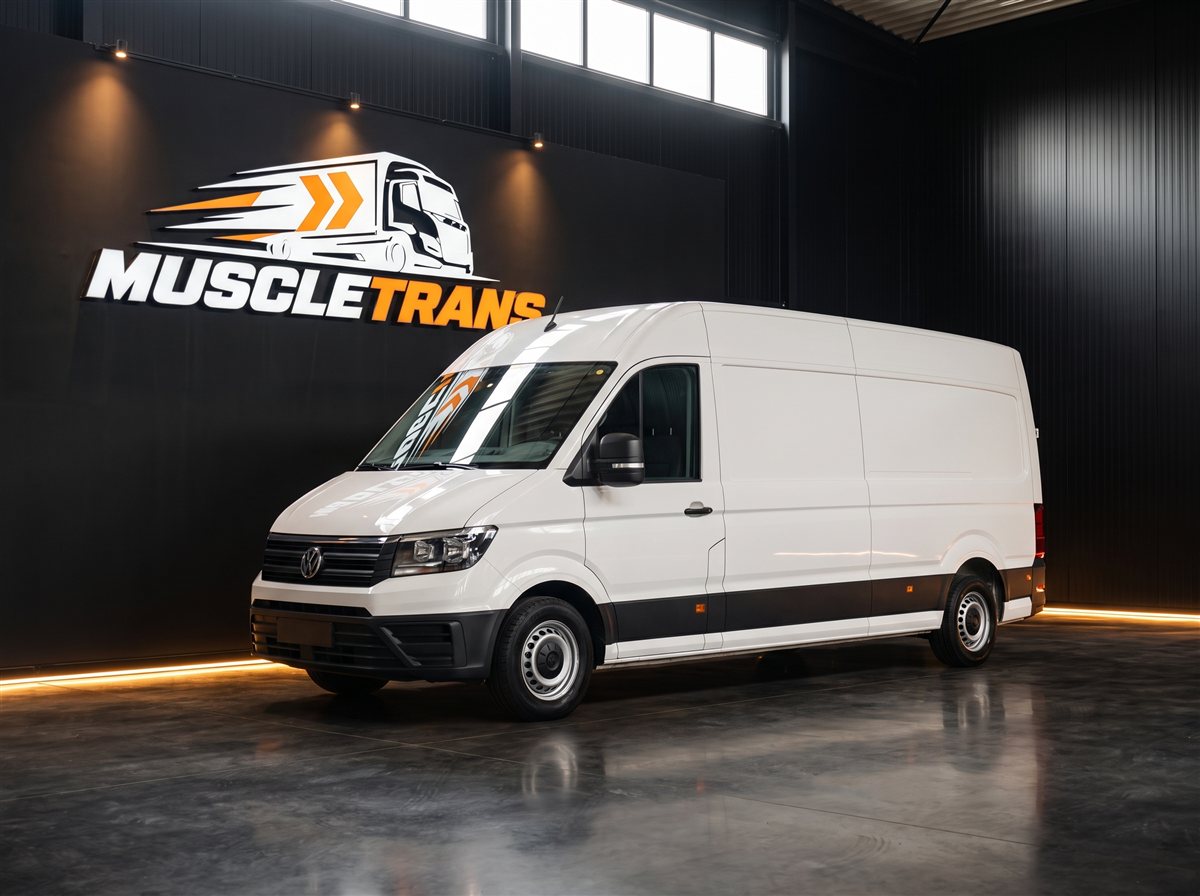 Білий фургон Volkswagen Crafter до 3,5 т на фірмовому фоні MuscleTrans